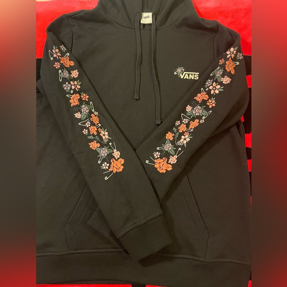 Size M, Black Vans hoodie with flowers on sleeves
